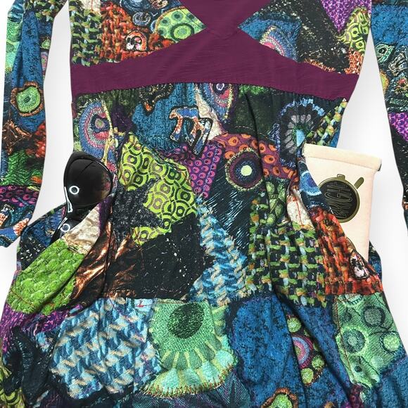 DESIGUAL Cocktail Dress Made in Spain Long Sleeve Tribal Festival Red V-Neck - Picture 6 of 11